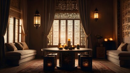 First day in Ramadan, The scene is set in a warm, inviting living room. The walls are adorned with traditional Islamic art, and the soft glow of lanterns fills the room
