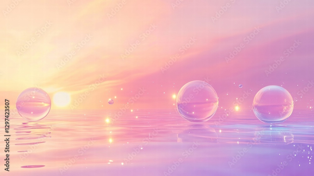 Leinwandbilder vibrant bubbles float on a calm water surface at sunset with a colorful twilight sky. generative ai