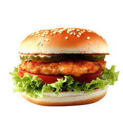 a delicious burger featuring a sesame seed bun. a crispy chicken patty. fresh lettuce. tomato slices. and pickles. highlighting its appealing and appetizing appearance it represents a popular fast-foo