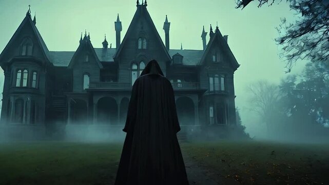 Spooky Halloween scene with a man in black cloak gown standing in front of a castle in foggy or misty winter evening generative AI
