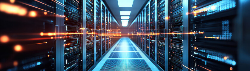 A Data center corridor with servers, showcasing technology and innovation in cloud computing and renewable energy solutions