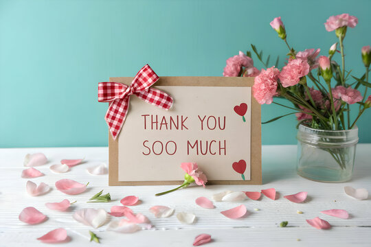 Thank you so much card with a red gingham bow on a pink surface, expressing gratitude in a soft and charming way