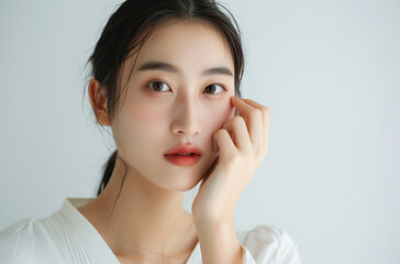 Fototapeta premium Delicate Chinese Woman in White Attire Posed Against Clean Background