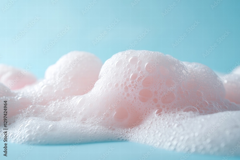 Poster Soft pink bubbles creating a textured surface against a light blue background during a playful moment of fun. Generative AI