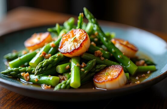 A dish of stir fried asparagus with dried scallops.