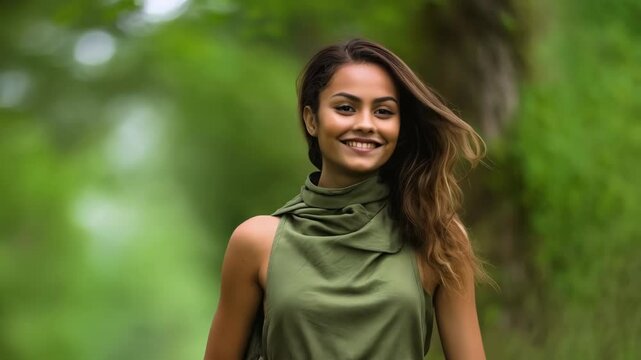 Attractive mixed race young woman posing in outdoors.