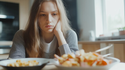 Sad teenage girl looking at food, suffering from anorexia or depression