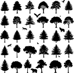 Fototapeta premium Silhouettes of trees, deciduous and coniferous. Trees and forest animals (vector) isolated on white background. Fox, wolf, bear, hare, owl. EPS 10 version.