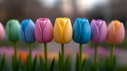 Colorful tulips row spring garden bokeh background card