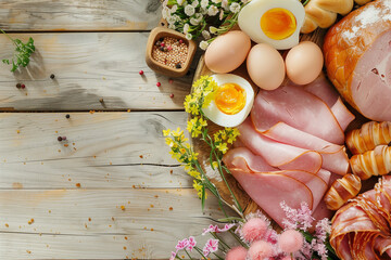 Easter food concept with cold cuts, eggs, ham, German Easter rolls, traditional spices, and flowers on a wooden plate.