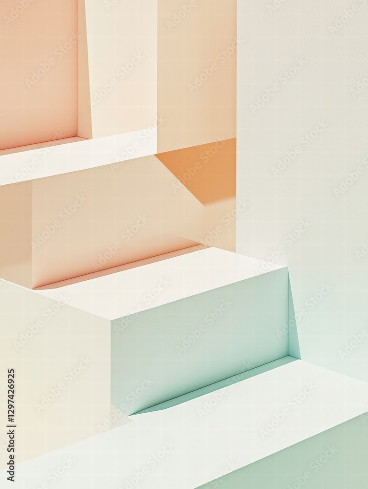 Poster Geometric shapes create an abstract representation in soft pastel colors with clean lines and smooth surfaces. Generative AI