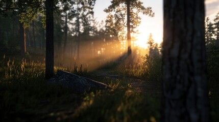 Fototapeta premium Serene forest landscape at sunset with sun rays filtering through trees and gentle mist