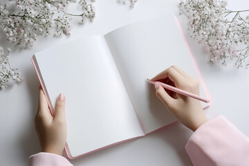 Photo of a Blank page of open notebook. Mockup of  white sheet planner. Flat lay, copy space area for text or graphics.