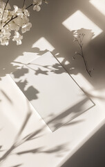 Photo of a minimalist blank journal on an elegant white table with sun rays and shadows. Top View of personal planner  Mockup paper notebook design with leaves and natural sunlight