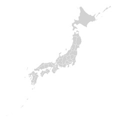 Grey with White Outline Japan Map with District Borders Asian Country
