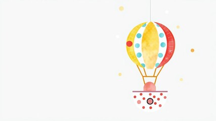 Colorful and whimsical watercolor illustration of a hot air balloon with stripes and polka dots, perfect for children's books or nursery decor, nursery, stripes, colorful
