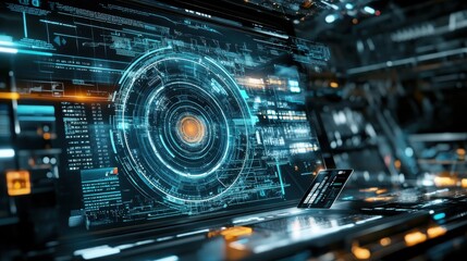 Futuristic control panel display with glowing holographic interface and advanced technology concepts