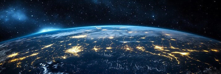 Obraz premium A stunning panoramic view of Earth from space, showcasing glowing lights on the surface and a starry sky in the background, highlighting the planet's beauty and vastness.