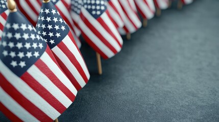 Rows of waving American flags adorning the facade of an iconic government building such as the White House or US Capitol creating a patriotic and celebratory scene for a national holiday election