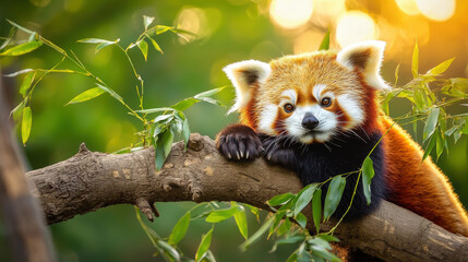 Charming red panda resting on tree branch in bamboo forest, soft light