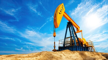 Fototapeta premium Onshore oil and gas drilling rig operating in an arid desert like landscape with a bright blue sky and scattered clouds