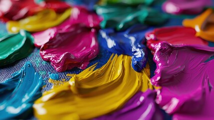 Vibrant close-up of mixed paint colors on canvas showcasing artistic creativity in a studio