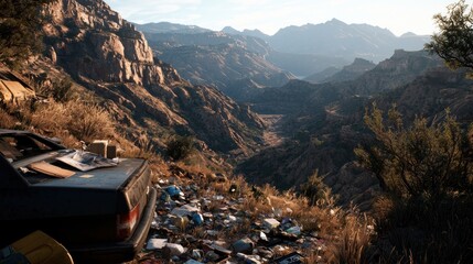 Abandoned car amidst litter in a scenic valley, with mountains and clear skies in the background