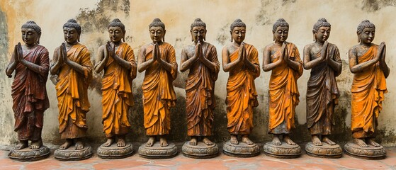 Serene Statues of Buddhist Monks in Dambulla Cave Temple - Spiritual Buddhist Icons, Ancient Rock Carvings, Meditation, Religious Site, Sri Lanka Tourism, Cultural Heritage, Historical Sculptures