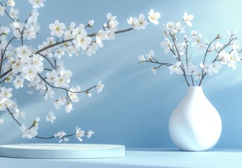 Spring blossom display podium, light blue backdrop, product presentation