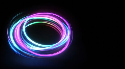 Colorful light trails swirl in dark background creating mesmerizing circular pattern during nighttime activity. Generative AI