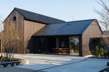 A contemporary black wooden house featuring expansive glass windows, elegantly situated within a beautifully landscaped yard, shines brightly in the daylight
