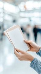 Female hands holding blank travel tickets in bright airport terminal