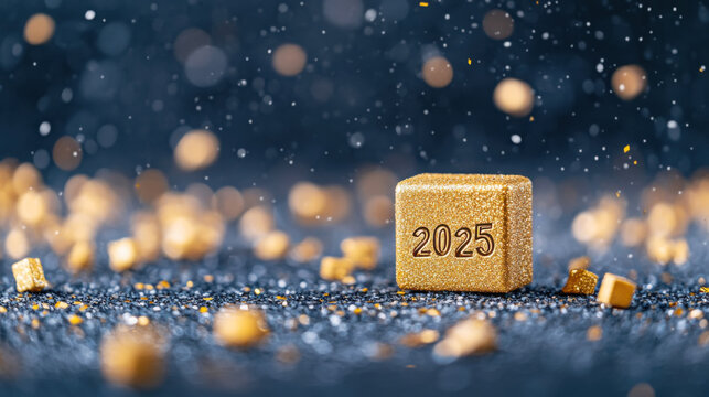 Golden 2025 cube amidst glittering particles celebrating new year