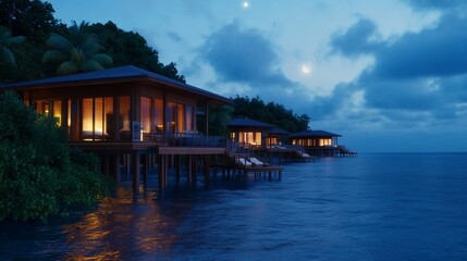 Fototapeta premium Overwater Bungalows glow at night, with serene ocean under a moonlit sky