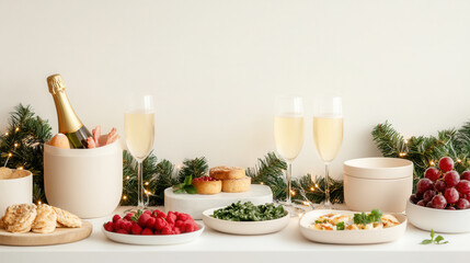 Elegant holiday table spread with champagne, berries, pastries, and festive greens for celebrations