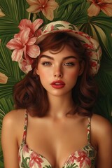 Retro Kitsch Woman in Floral Hat - Vibrant Portrait with Tropical Vibes