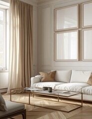 Elegant beige living room with empty frames