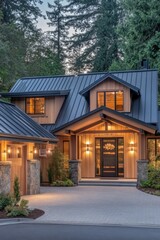 Naklejka premium Modern house exterior with unique architecture in a wooded environment during twilight hours showcasing warm lights and inviting entrance