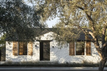 A delightful white cottage adorned with rustic shutters, nestled amid lush greenery in a peaceful neighborhood, bathed in the warm glow of the golden hour