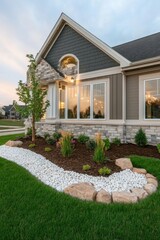 Obraz premium Beautiful landscaping in front of a modern house showcasing well-maintained flower beds and decorative stones during sunset