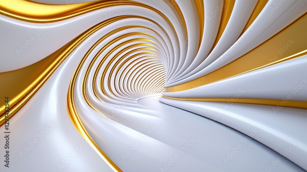 Poster sleek white and gold abstract tunnel with mesmerizing spiral pattern futuristic 3d digital render of