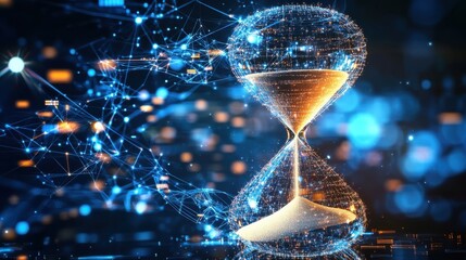 Futuristic hourglass symbolizing the passage of time with digital particles and glowing connections in a tech landscape
