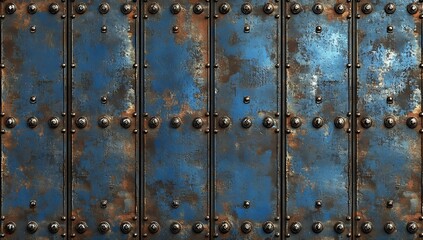 Fototapeta premium Seamless rusted metal panel texture with rivets in blue and brown tones, perfect for industrial design. High-resolution, ultra-realistic 3D rendering showcases gritty strength and depth.