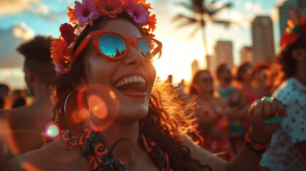 Garota sorridente comemorando o Carnaval brasileiro com fantasia colorida
