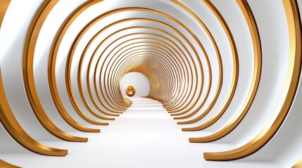 Naklejka premium Sleek modern and visually captivating abstract tunnel featuring a striking white and gold color palette elegant curved lines symmetrical patterns and a deep