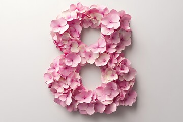 Obraz premium A vibrant 3D render of the number 8 crafted from delicate pink hydrangea flowers, set against a simple background. This paper art style design showcases intricate details and a whimsical aesthetic.