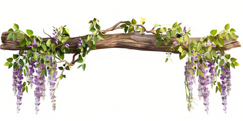 Tropical vines and flowers on wooden branch isolated on white background with purple lilac flowers for wedding ceremony decorations, floral arch style.