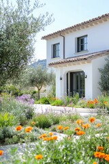 Fototapeta premium An elegant home is beautifully nestled in a serene countryside setting, surrounded by vibrant flowers and lush greenery that flourish in the daytime