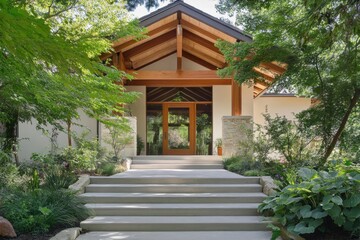Fototapeta premium Modern architectural entrance of a serene house with natural landscaping and warm wooden accents surrounded by lush greenery in a peaceful environment