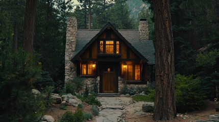 Charming Woodland Cabin Surrounded by Trees with Warm Light in the Evening Glow of Nature's Beauty